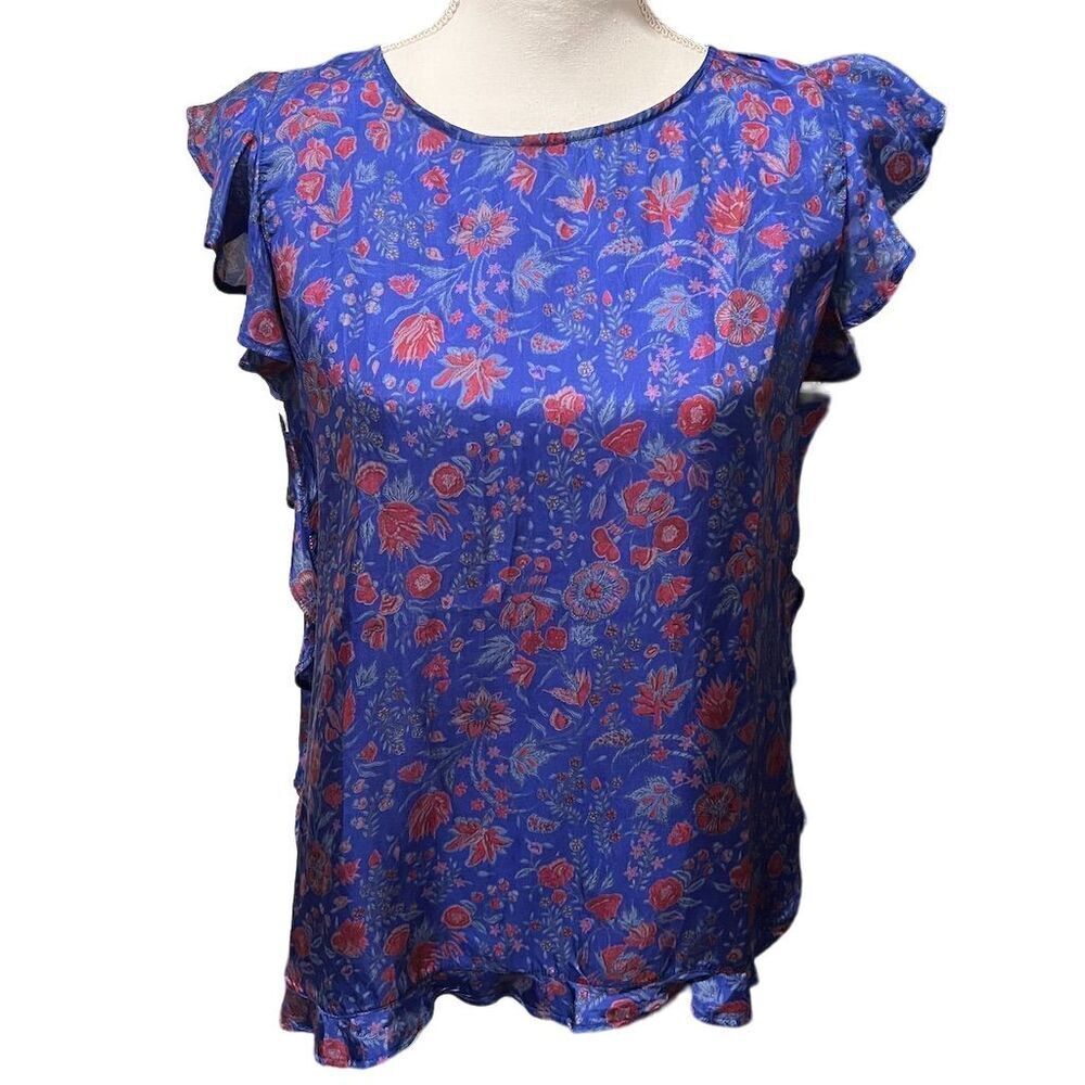 Anthropologie Antik Batik Blue Floral Silk Ruffle‎ Cap Sleeve Blouse Size Small